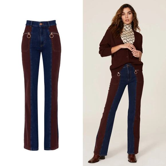 See by Chloe Denim Corduroy Bootcut Jeans 70s Flare Hem Colorblock Blue Brown 28 - Picture 2 of 15